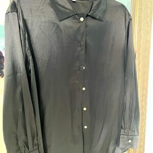 Black satin long-sleeved button-down top